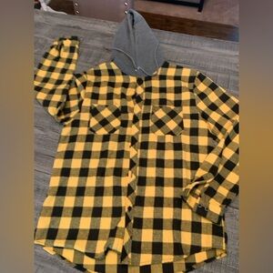 Yellow and Black Plaid Hoodie Shirt, Medium Teens